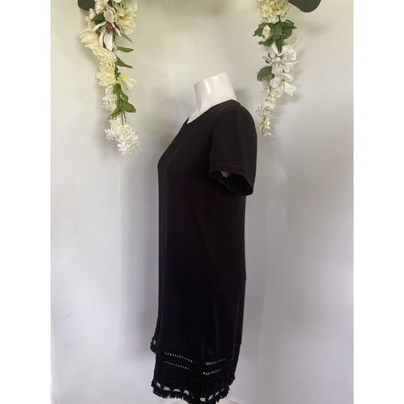 Cynthia Rowley Women's Shift Dress Size 2‎ Black Fringe Crochet Hem Gold Zipper - Picture 3 of 12